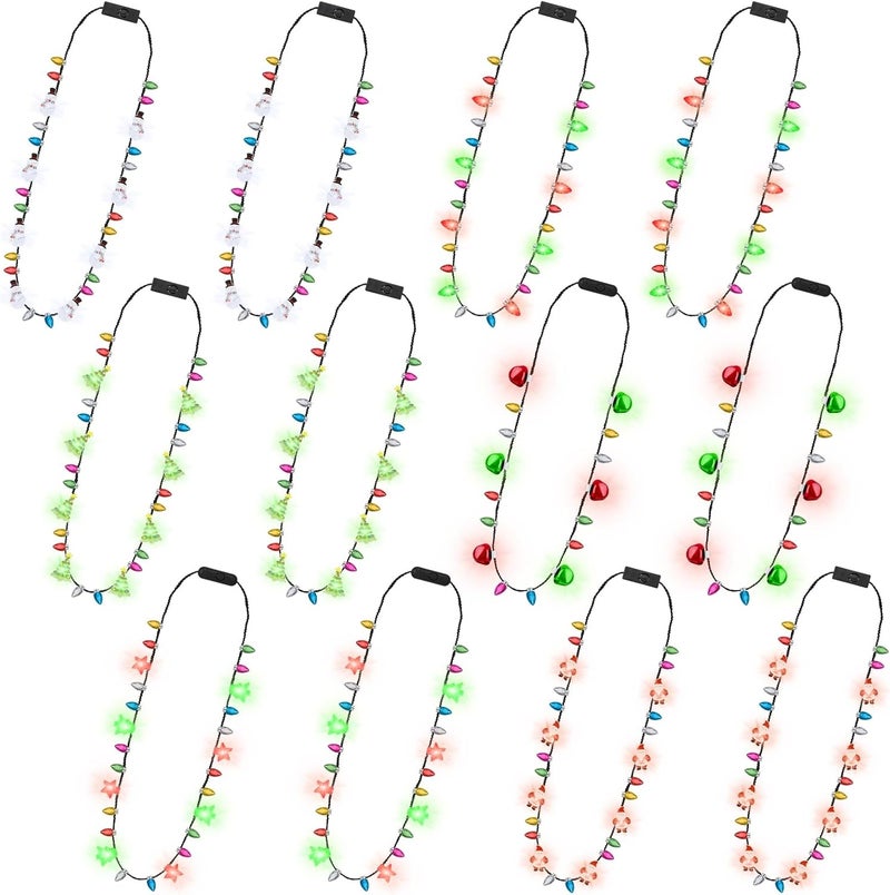 Traplace Store 12 Pack Christmas Necklace Lights, 6 Styles LED Glowing Bulbs Christmas Lights Necklace with 3 Modes, Light Up Xmas Favors, Fun Xmas Party Supplies for Ugly Sweater New Year Eve Accessories - Image 1